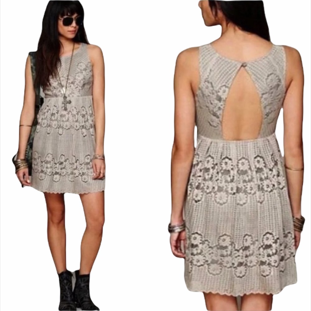 Free People Dress Women 2 Rocco Gray Lace Keyhole Back Fit Flare Sleeveless Boho